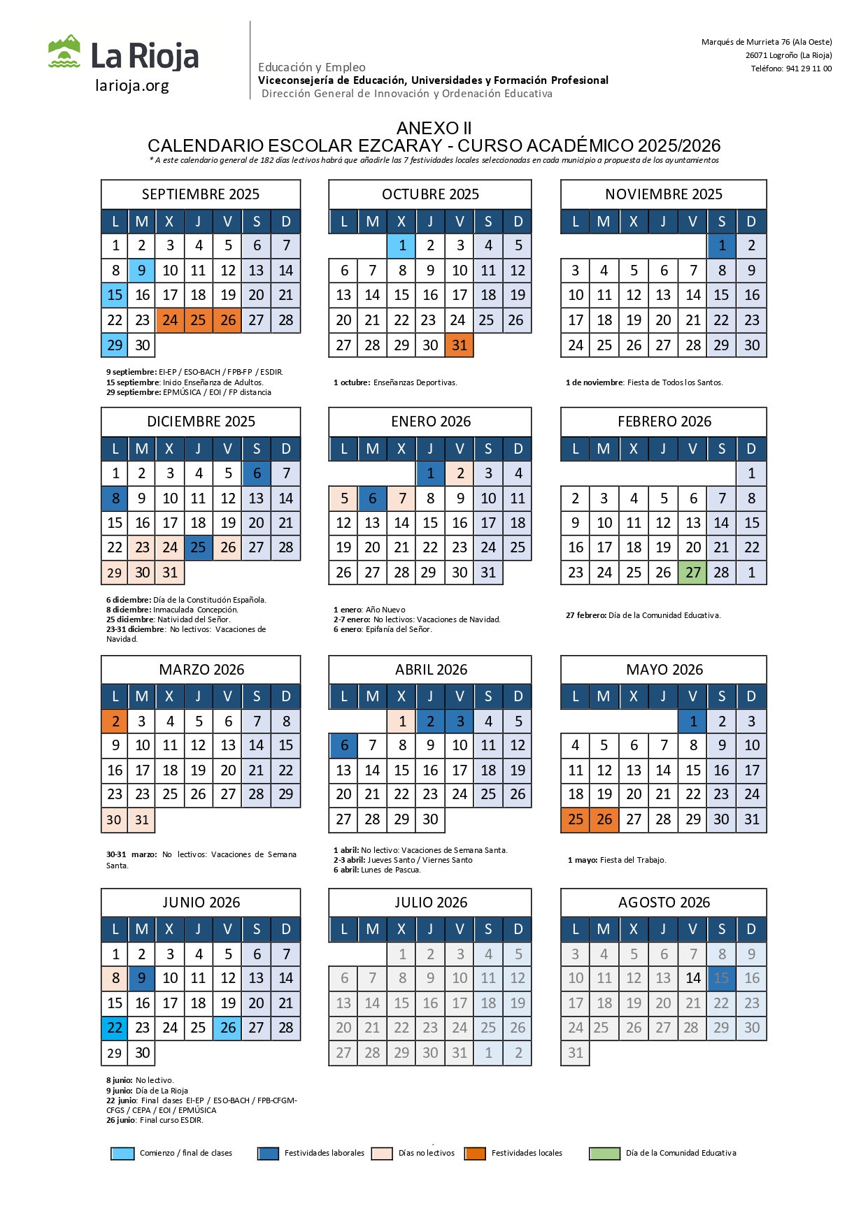 Calendario Escolar de la SIES de Ezcaray